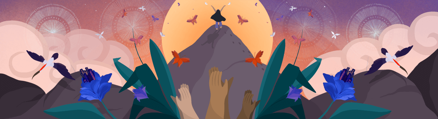 Woman standing on mountaintop with birds flying out